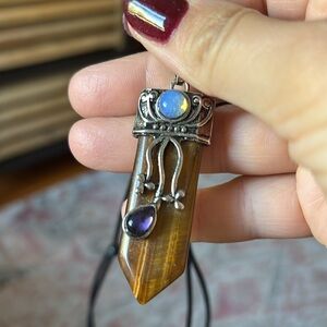 Golden Tiger Eye Necklace with Amethyst, Opalite, Tibetan Silver